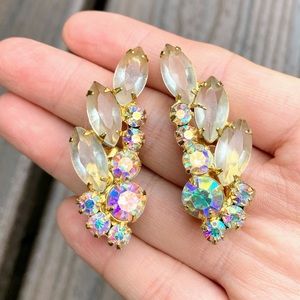 Vintage D&E Juliana Aurora Borealis AB Frosted Rhinestones Open-Back Earrings